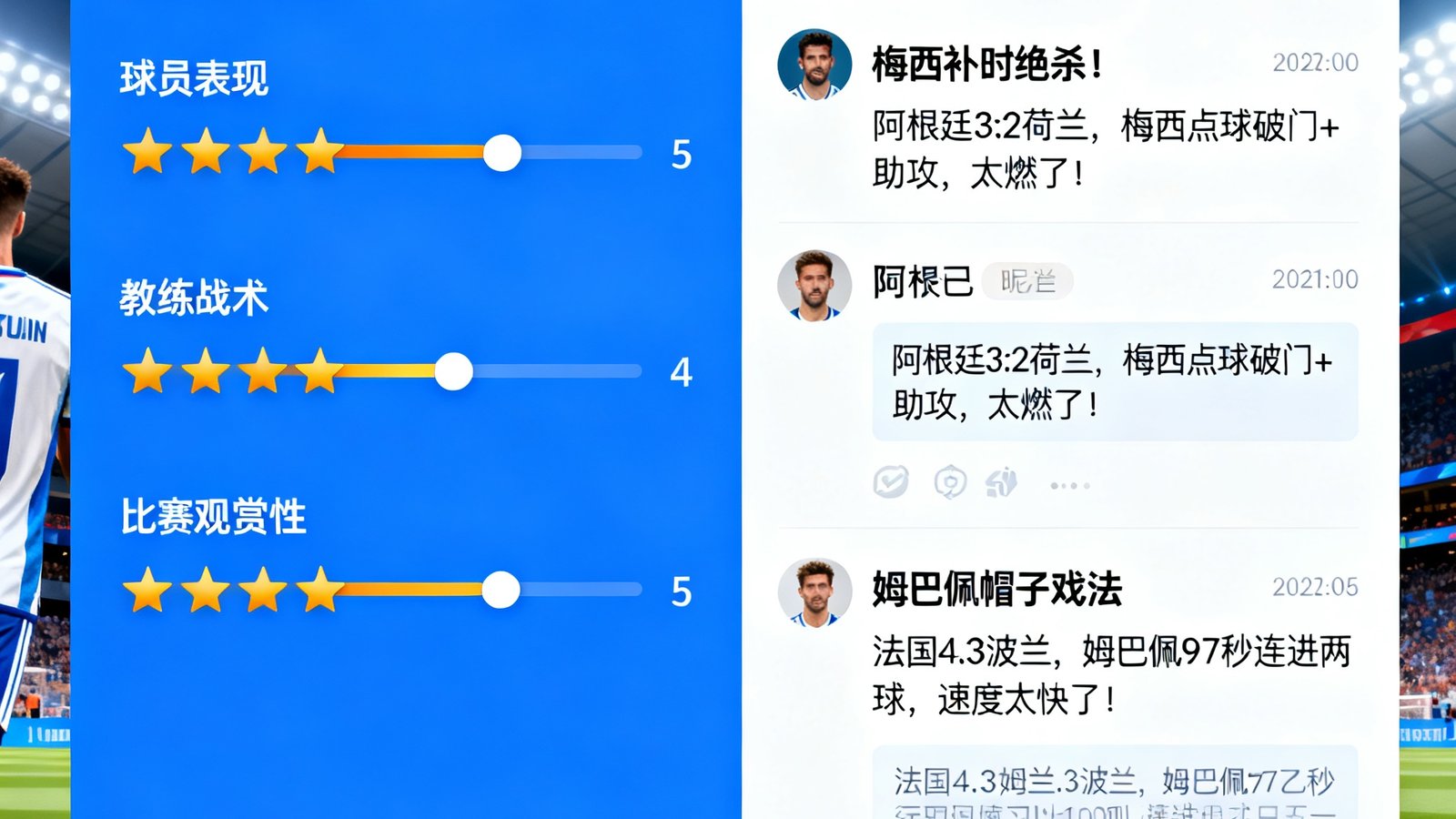世界杯球迷社区聊天室，赛后评分及热门发帖界面